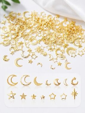 600+ 3D Gold Moon & Star Nail Charms • Nail Art